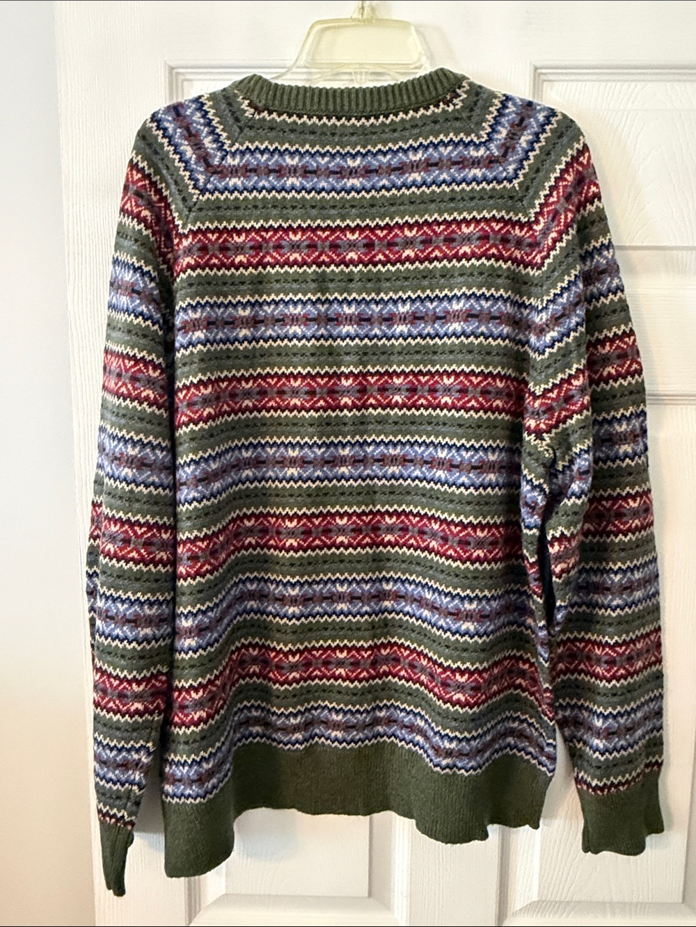 J. Crew Olive Fair Isle Crewneck Sweater with Red and Blue Accents beautiful XXL - Picture 4 of 8